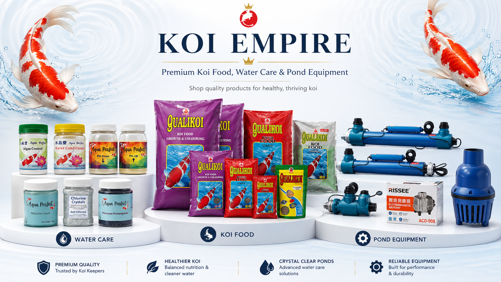 Premium koi food, pond water treatments and reliable pond equipment from Koi Empire South Africa.