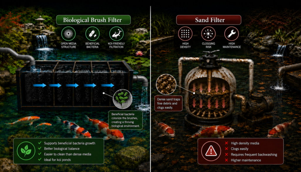 Biological brush filter vs sand filter comparison for koi pond filtration, showing beneficial bacteria, clogging risk and maintenance differences.