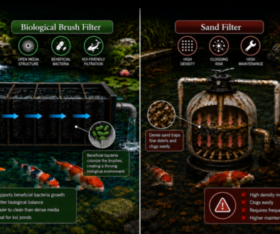 Biological brush filter vs sand filter comparison for koi pond filtration, showing beneficial bacteria, clogging risk and maintenance differences.