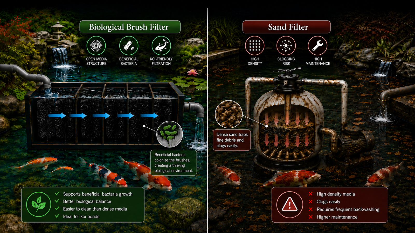 Biological brush filter vs sand filter comparison for koi pond filtration, showing beneficial bacteria, clogging risk and maintenance differences.