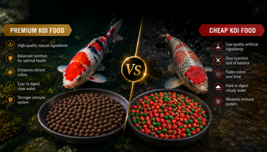Premium koi food compared with cheap red and green koi food pellets showing differences in koi nutrition and quality