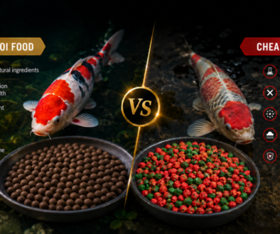Premium koi food compared with cheap red and green koi food pellets showing differences in koi nutrition and quality