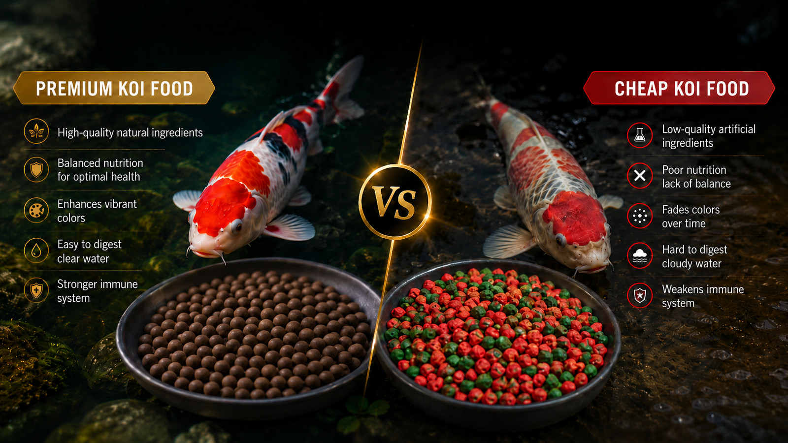 Premium koi food compared with cheap red and green koi food pellets showing differences in koi nutrition and quality