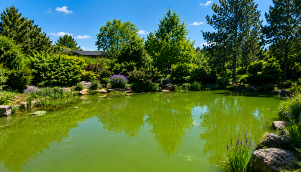 Green algae pond water surrounded by plants and trees in a sunny garden.