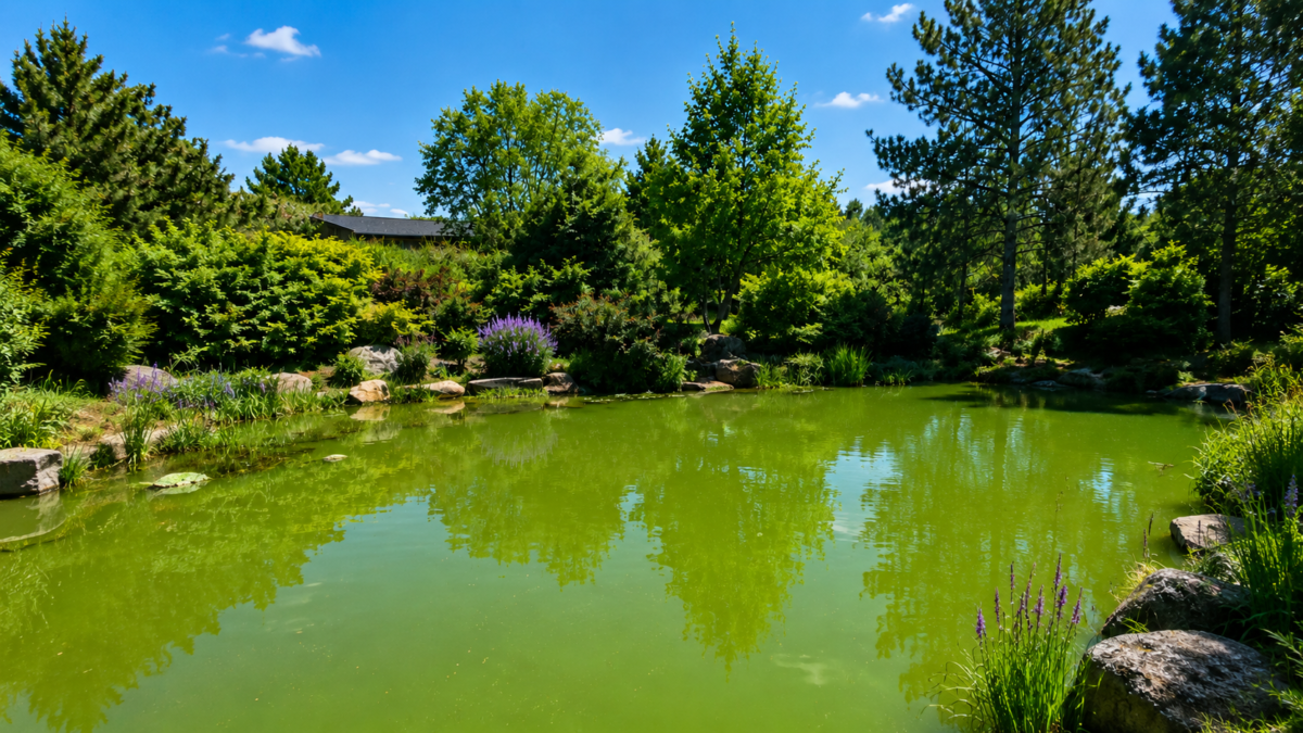 Green algae pond water surrounded by plants and trees in a sunny garden.